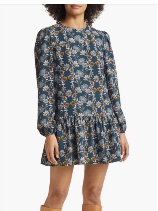 Caslon Dresses & Skirts - Caslon Teal Floral Print Long-Sleeve Ruffle-Hem Drop Waist Dress Size Large